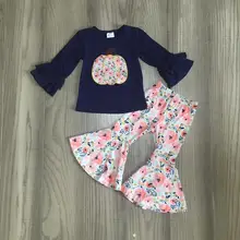 Детская одежда на Хэллоуин для девочек; розовые наряды с цветочным принтом для девочек; брюки-клеш; Одежда для девочек с тыквой