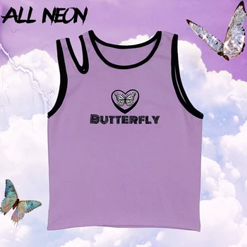 

ALLNeon E-Girl Butterfly Graphic and Letter Embroidery Tank Tops Y2K Hellow Out Shoulder Purple Crop Tops Vintage Summer Punk
