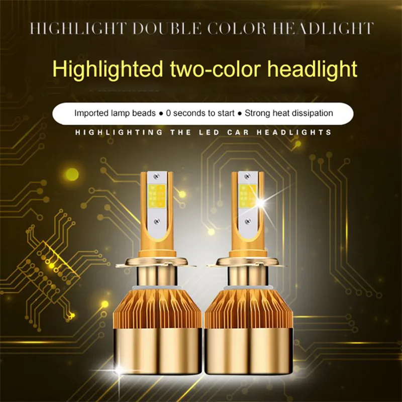 

2Pcs H7 Led H1 H4 H8 9005 9006 H3 H11 H13 Car Headlight Bulbs Bicolor Warm Yellow White Light Spotlight Auto Fog Lights 6000K