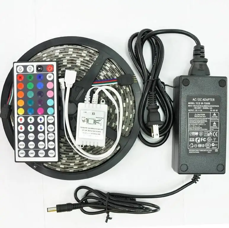 5 м/катушка белый красный синий 5050 SMD RGB не водонепроницаемый светодиодный светильник с гибкой полосой 60 Светодиодный s/M+ пульт дистанционного управления+ 12 В 5A источник питания - Испускаемый цвет: RGB with 44keys