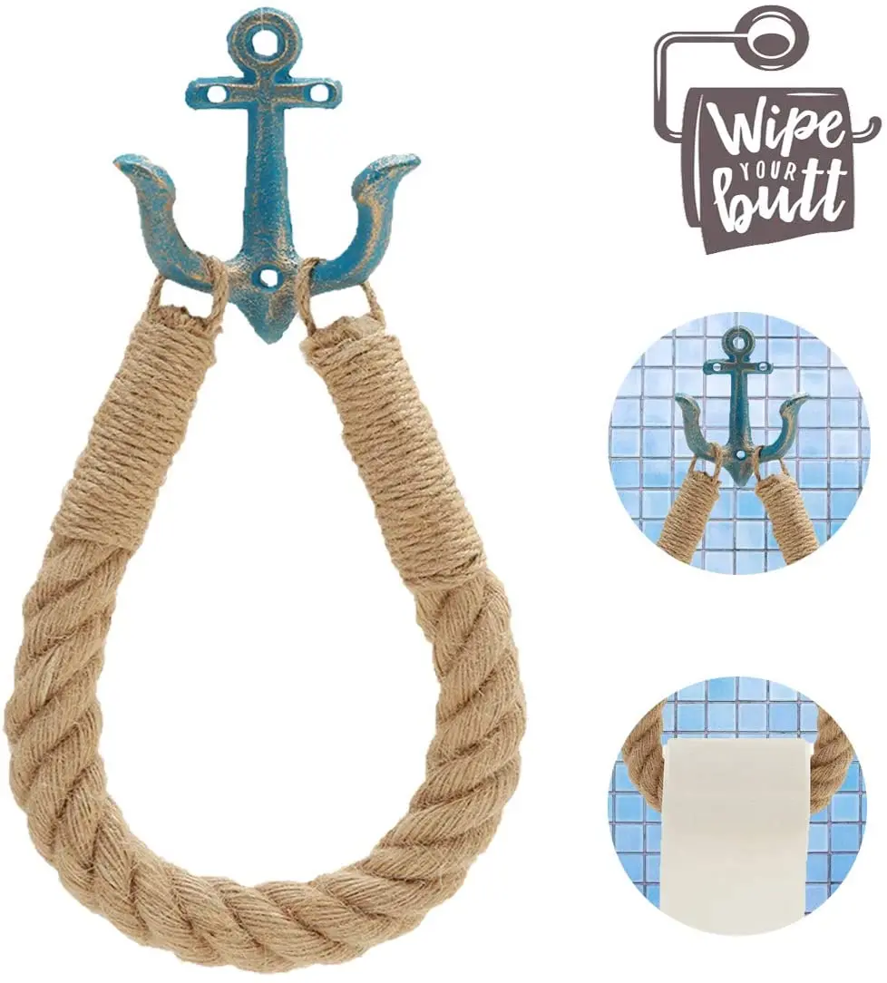 Nautical Rope Toilet Paper Holder Antique Bathroom Towel Holder Tie-Back Curtain Rack Wall Mounted Metal Anchor Hook Design