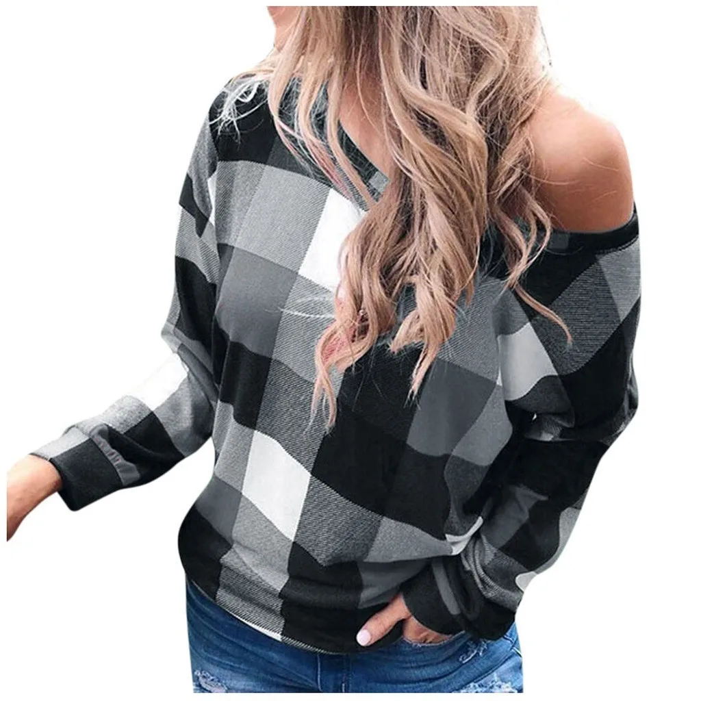 Women Blouse Fashion Plaid Print Shirt Cold Shoulder Long Sleeve Blouse Splice Top Sexy Off Shoulder Womens Tops And Blouses #20 Women Blouse Fashion Plaid Print Shirt Cold Shoulder Long Sleeve Blouse Splice Top Sexy Off Shoulder Womens Tops And Blouses #20