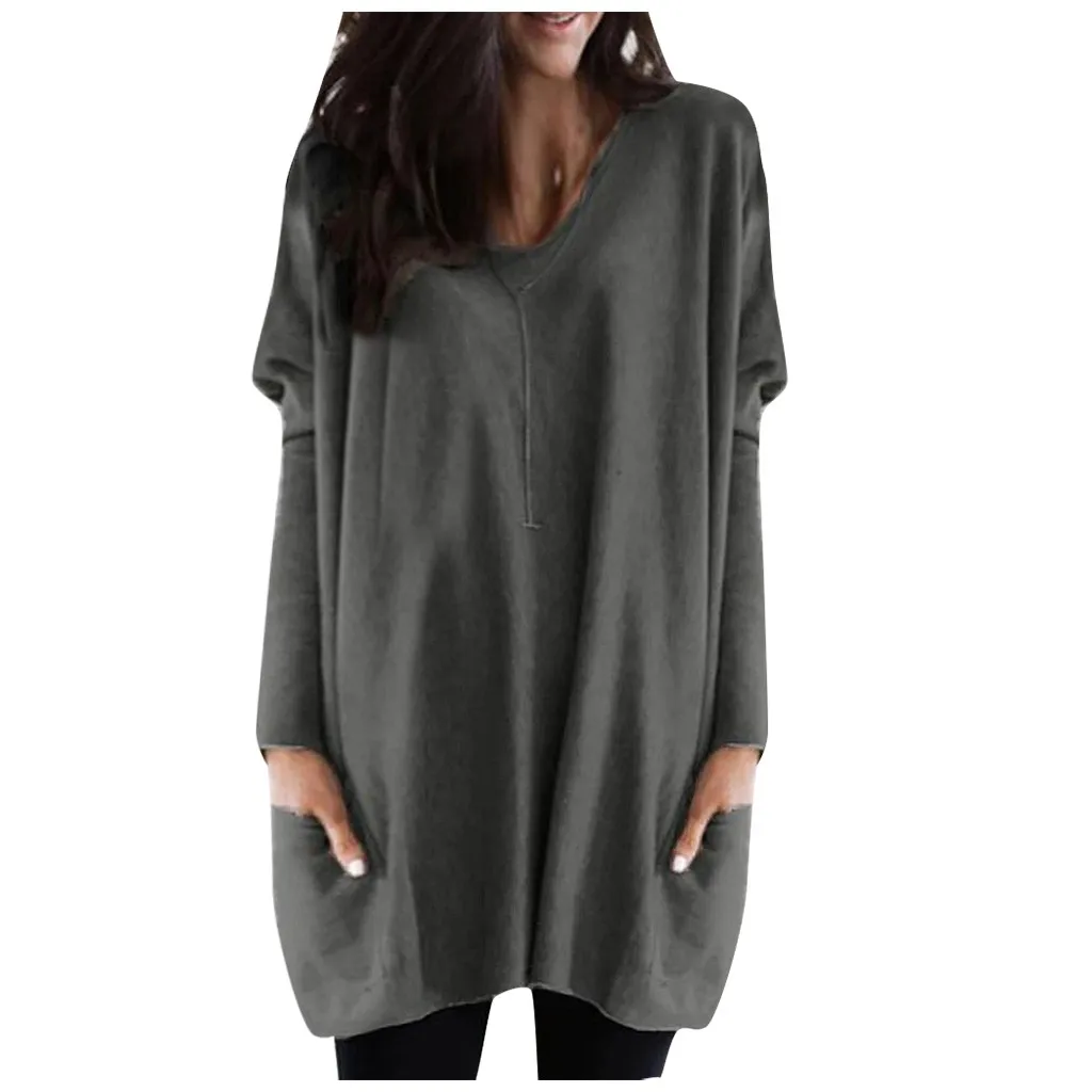 Блузка 2019Top Новая модная женская однотонная теплая толстовка с длинным рукавом и v-образным вырезом свободный сплошной пуловер Топы Блузка для женщин Haut Femme