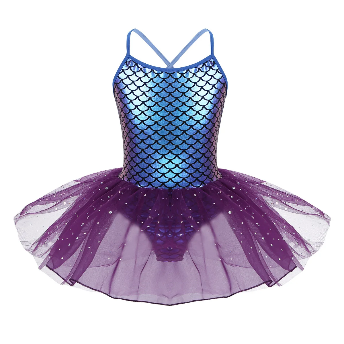 Детское балетное трико для девочек на тонких бретельках с принтом; детское блестящее балетное платье-пачка русалки; вечерние балетные костюмы для танцев - Цвет: Purple