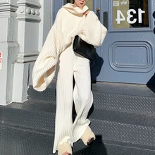 

Women Fashion Wide Leg Pants Casual White Pleated Soft Long length Knitted Pants Simple Basic Versatile Streetwear Autumn 2021