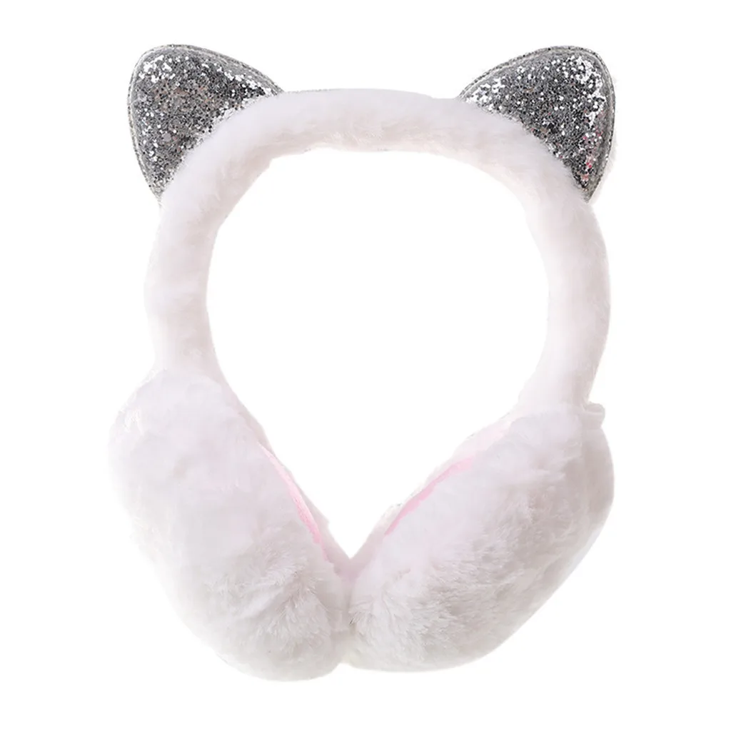 20#Women Ear Warmer Fur Earmuffs Winter Girl Cartoon Cat Ear Muffs Earlap Glitter Sequin Earmuffs Headband Windproof - Цвет: White
