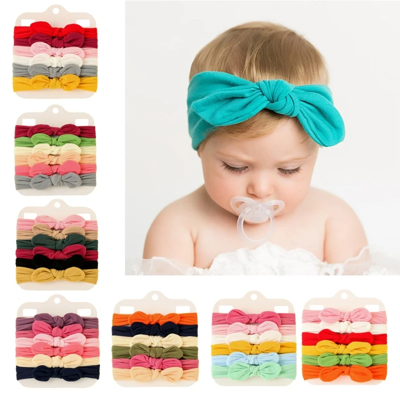 

6 Pcs Solid Color Elastic Soft Nylon Bowknot Hair Bands Baby Girls Bow Headbands G99C