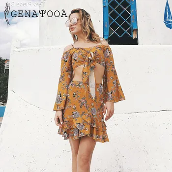 

Genayooa Bohemian 2 Piece Set Women Skirt Flare Sleeve Crop Top Sexy Boho Beach Floral Two Piece Set Summer Skirt Set Woman 2020