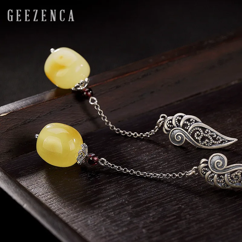 

925 Sterling Thai Silver Natural Amber Tassel Stud Earrings Fine Jewelry for Women Vintage Designer Trendy Long Earring