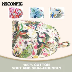 Crane Printed Cotton Breathable Nurse Cap Dentist Cap Adjustable Work Cap Beauty Salon Nursing Cap Unisex Surgical Cap Scrub Cap