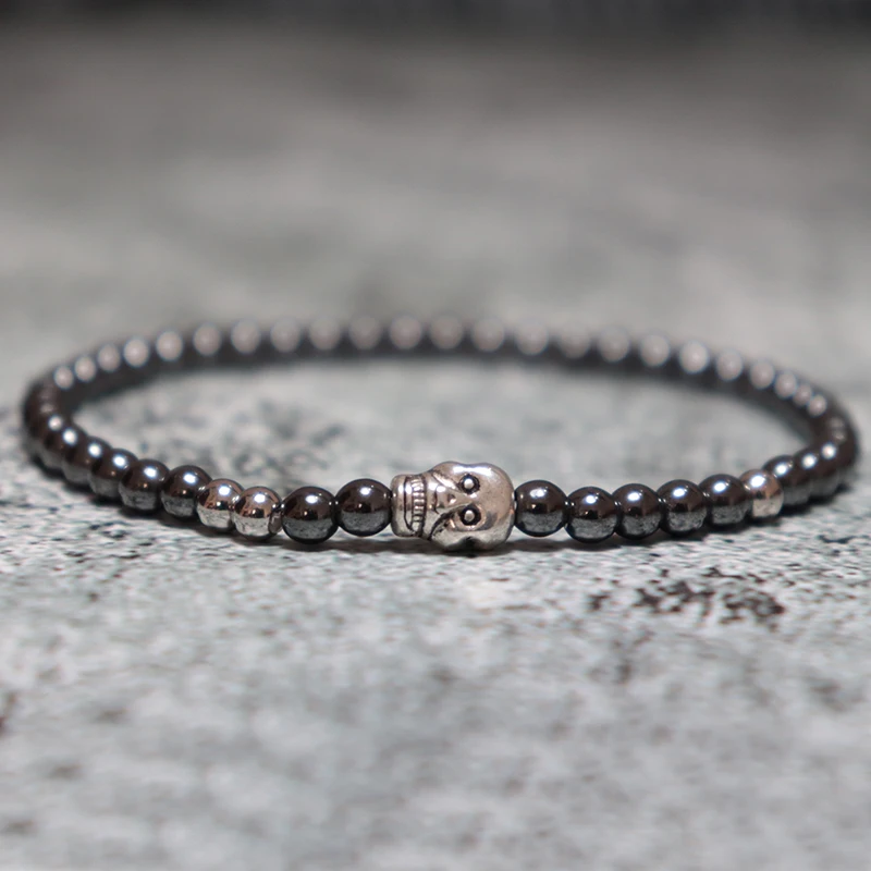 Hematite Stone Mens Beaded Skull Bracelet