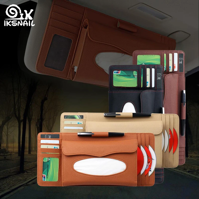

IKSNAIL Multifunction Car Sun Visor Holder Tissue Box CD Storage Organizer Car Styling Card Pen Bill Wallet Interior Pouch Clip