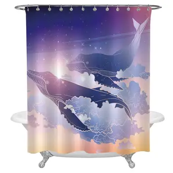 

Whale Bath Curtain,Whales Flying Dreamy Night Sky with Clouds Magical Fantasy Aquatic Design Fabric Shower Curtains for