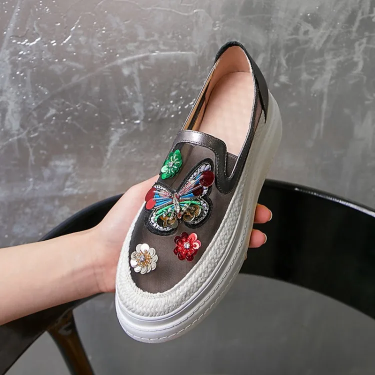 

Summer inside And Pure Leather Hollow out Gauze Platform Shoes Women's Sequin Bow Mixed Colors round-Toe Weave Thick Bottomed Ca