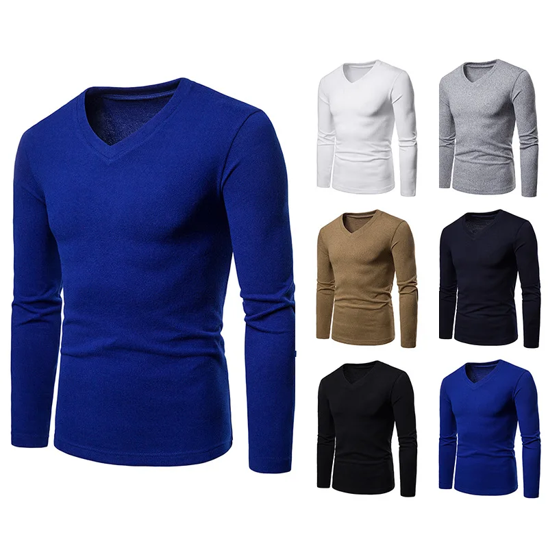 

2020 Autumn New Products Plus-sized Menswear V-neck Long Sleeve Base Shirt Solid Color MEN'S T-shirts