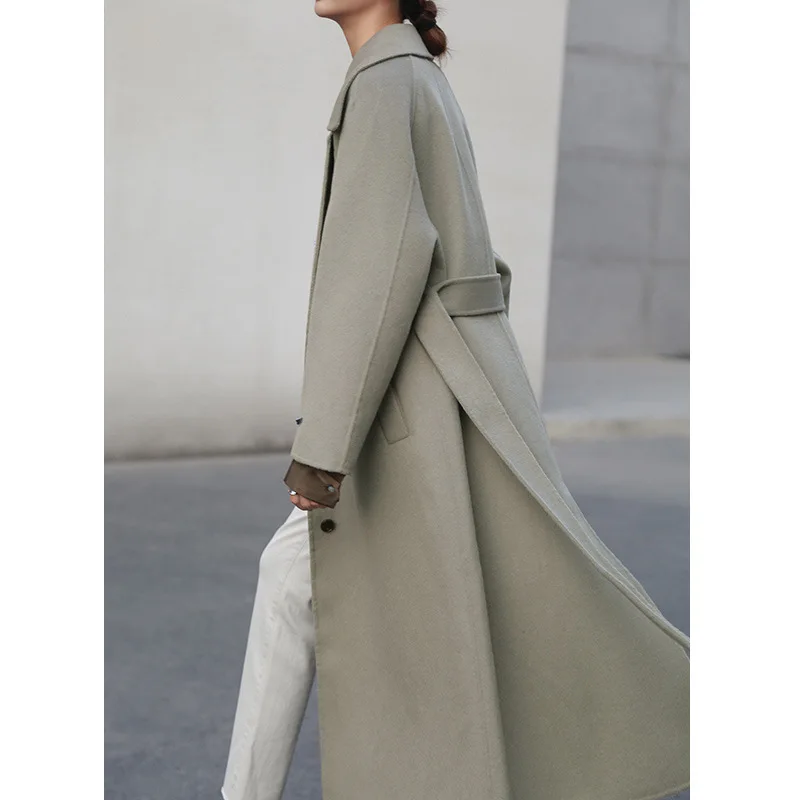 

Long Coat Women 80% Wool Adjustable Waist Turn-down Collar Single Breasted Solid Coats and Jackets Women Casaco Feminino