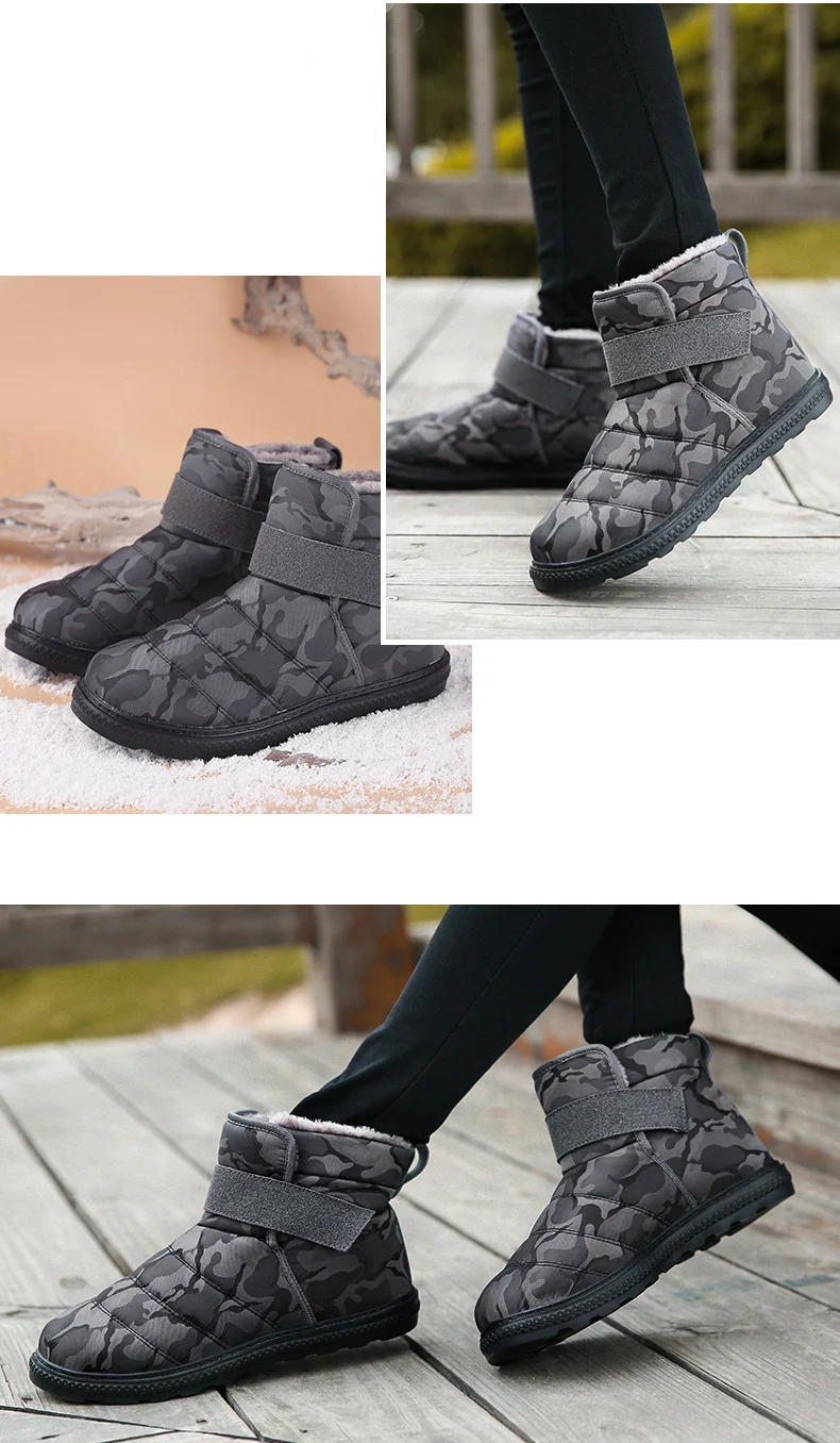 Зимние мужские ботинки камуфляжной расцветки на не сужающемся книзу массивном на застежке-липучке Водонепроницаемый теплая обувь для мужчин из короткого плюша; мягкие ботильоны мужская мода