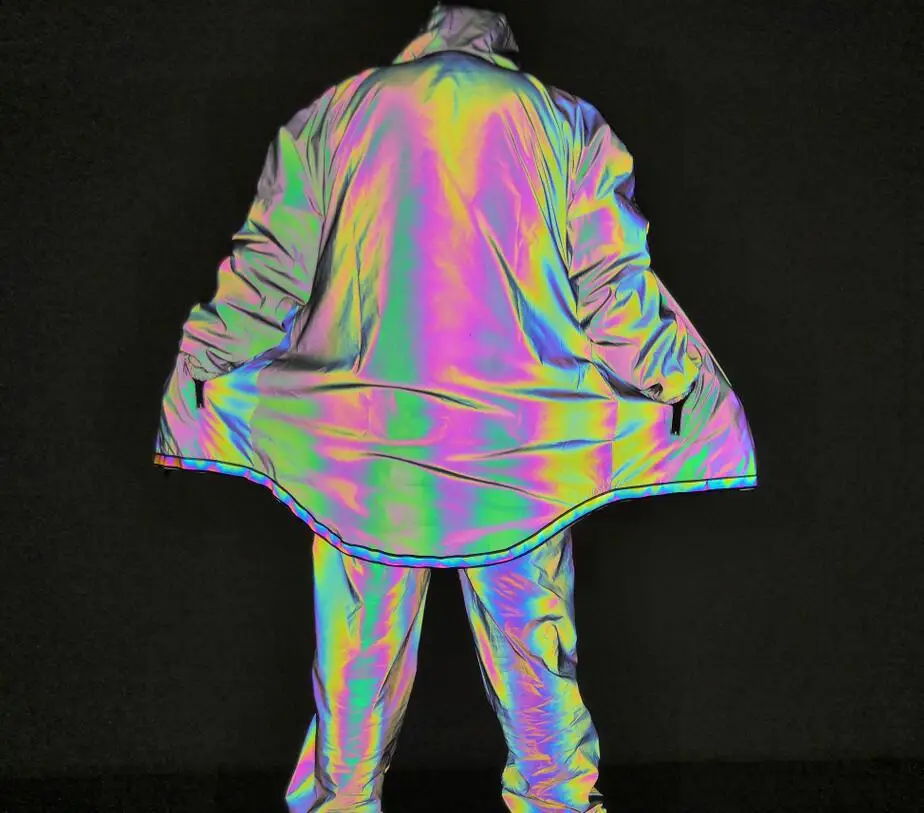 

New Style Color Reflective Double Zipper Mid-length Jacket Trench Coat Europe And America Large Size Colorful Reflective Coat