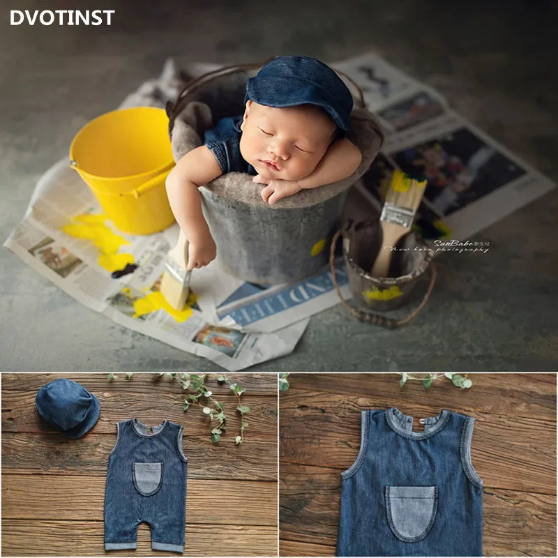 Dvotinst Newborn Baby Boys Photography Props Cowboy Denim Summer Overalls Hat Cap One-piece Outfits Studio Shooting Photo Props