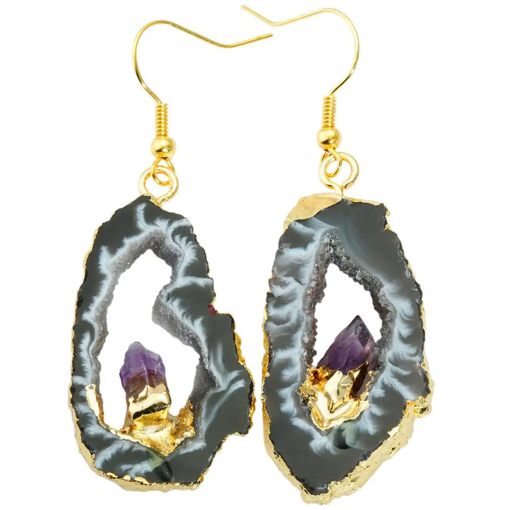 TUMBEELLUWA Freeform Irregular Natural Agate Quartz Geode Druzy Slice Drop Dangle Hook Earrings Trendy Women Jewelry Fashion