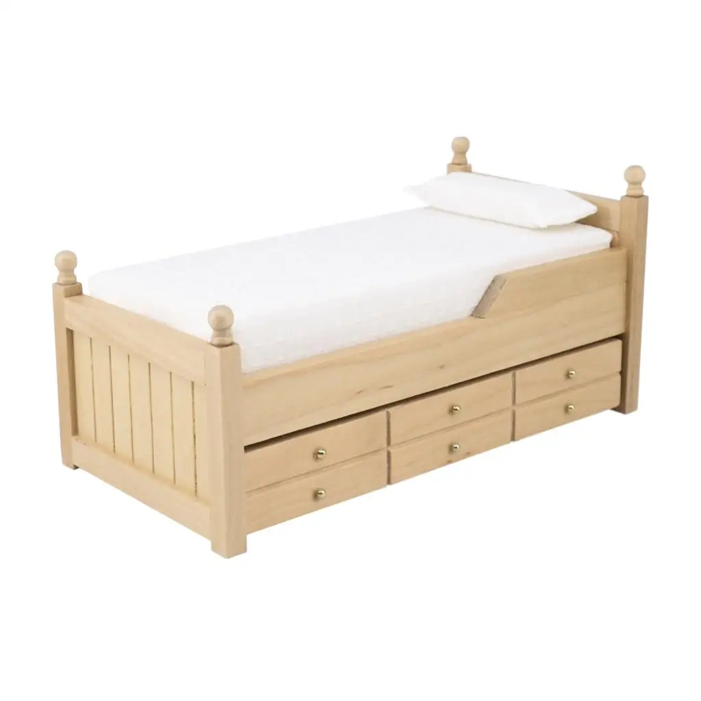 Wooden Dollhouse Bed, with Mattress, Dolls House Accessories, 1/12 Scale Dollhouse Miniatures Furniture