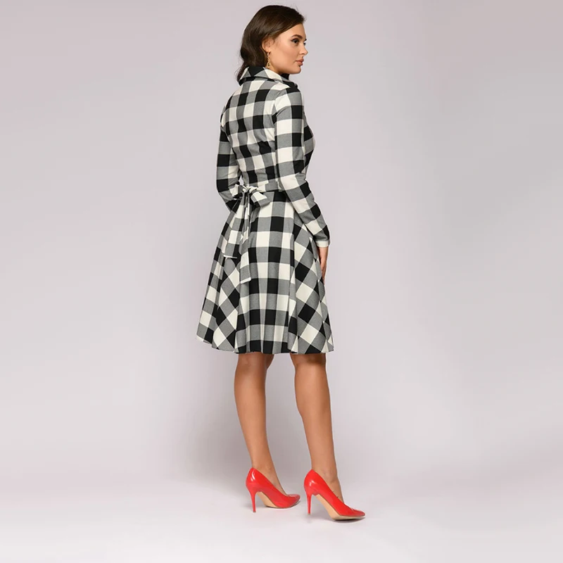 Kopen Vrouwen Vintage Plaid Gedrukt Sjerpen A lijn Party Dress Lange Mouwen Turn Down Kraag Elegante Jurk 2019 Herfst Winter Nieuwe Jurk