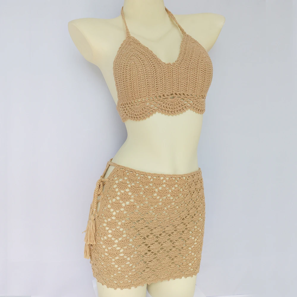 

Summer Woman 2 Pieces Swimsuit Crochet Bikini Top With Chest Pad And Bandage Hollow Out Mid Waist Beach Skirt Bikini Cover Up