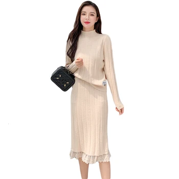 

Spring Autumn Casual Knitted Skirt Suit 2 Piece Sets Women Long Sleeve Solid Sweater And Fashion Lace Edge Knit Skirt Sets