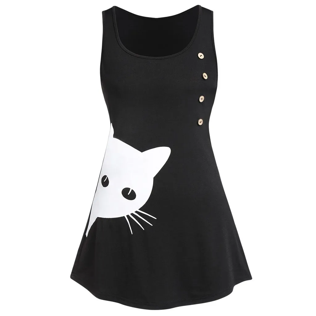 

Women's Fashion O Neck Cat Print Button Contrast Tank Top Shirts Casual Blouse summer elegant blouses for women 2019 july 29