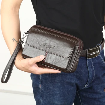 Bolso de mano de cuero genuino para hombre, billetera masculina, larga, bolsa del teléfono móvil, monedero de fiesta