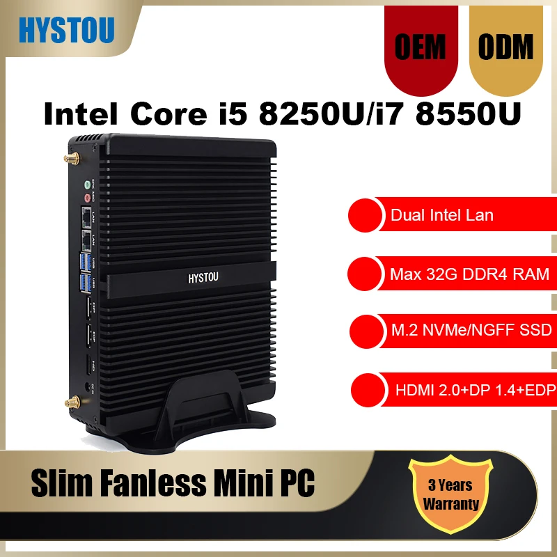 Четырехъядерный промышленный компьютер Core i7 8550U безвентиляторный ПК сервер i5 8250U