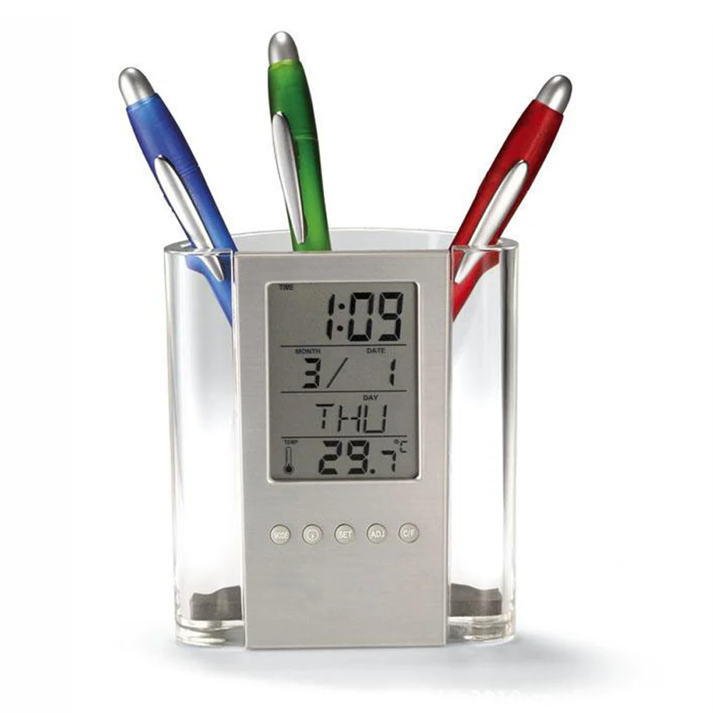 

Pen Container Useful Practical Clock With Button Cell Electronic Alarm Clock Multiple Modes Pen Holder LCD Screen