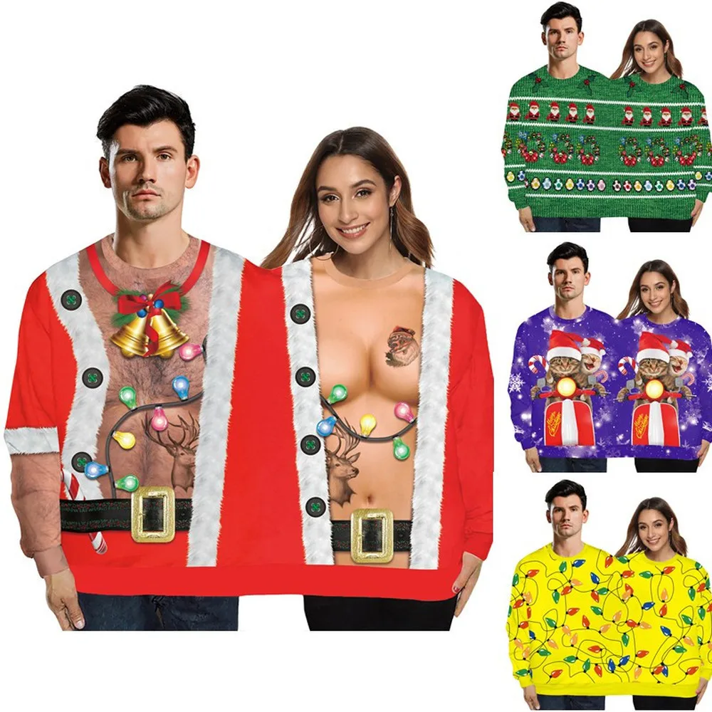 Couples Novelty Christmas Costumes Funny Tops Two Person Unisex Pullover Sweater Male Xmas Prank Adult Couples Party Costume
