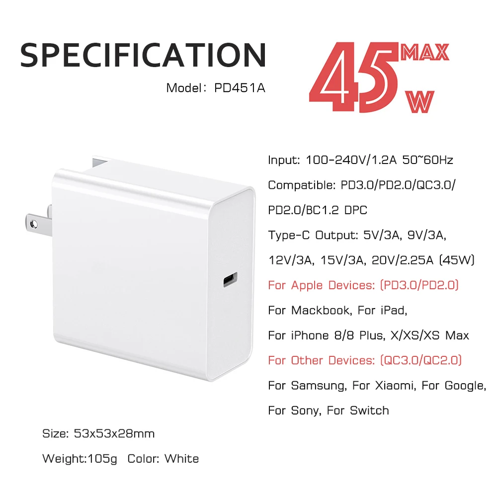 45 Вт USB C Тип C настенное зарядное устройство PowerPort скорость PD QC3.0 для iPad Air Pro MacBook для iPhone для samsung huawei Nexus