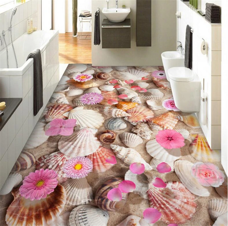 

beibehang Custom floor painting 3d shell conch water flower 3D floor living room bedroom restaurante floor tiles papel de parede