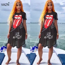 VAZN SHH8050 черный цвет молодой леди Примечание молодой сексуальный Модный Круглый вырез короткий рукав свободный женский миди платье Vestido