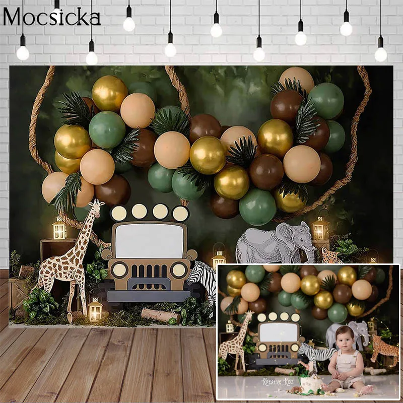 Mocsicka Dinosaur Baby Shower Backdrop Safari Jungle Green