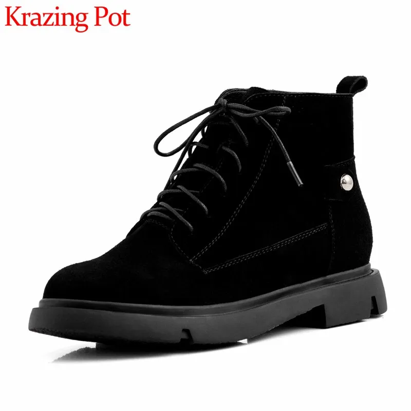 

Krazing Pot breathable lace up cow leather boots campus daily wear cozy low heels round toe winter keep warm ankle boots L7f1