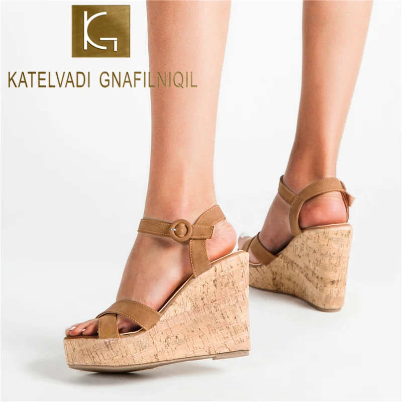 

KATELVADI Brown Wedges Sandals Summer Women Peep Toe Super 11CM High Heels Ladies Shoes Fashion Beach Sandals YW019