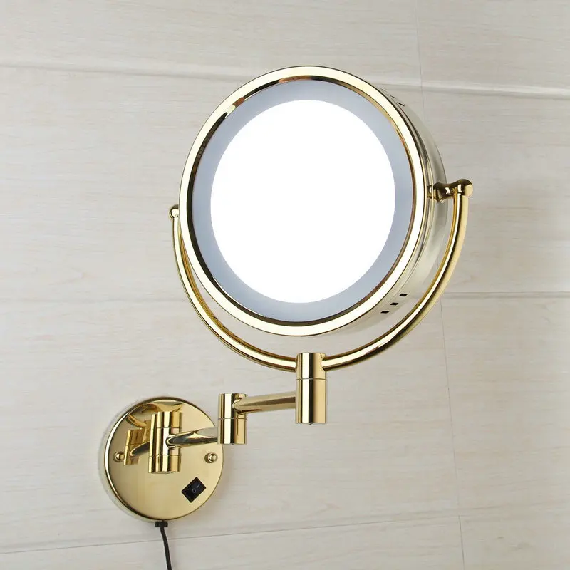KEMAIDI Golden Chrome Brass Gold Plate Wall Mount LED Makeup Women Pocket Mirror 3X Magnifying Vanity Cosmetic Hand Mirror - Цвет: Gold With light 02