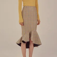 Винтажная клетчатая миди юбка осень зима до середины икры юбка-годе Высокая талия пакет бедра нерегулярные женские юбки