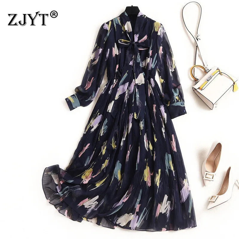 

Spring Dresses for Women 2020 New Fashion Runway Designers Full Sleeve Bow Collar Print Boho Beach Chiffon Dress Vestidos