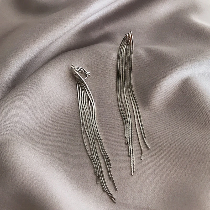 Vintage Long Metal Chain Tassel Clip on Earrings Bohemian Geometric Without Piercing Ear Clips for Women Party Jewelry Gift