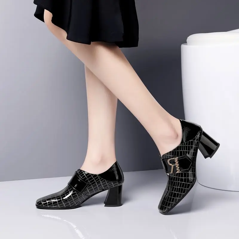 ALLBITEFO real genuine leather women heels spring autumn rhinestone office ladies shoes Square toe concise high heel shoes