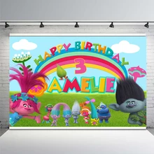 Trolls Birthday Party Backdrop Rainbow Clouds Sky Blue Cartoon Children Backgrounds for Photo Studio Photocall Vinyl