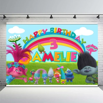 

Trolls Birthday Party Backdrop Rainbow Clouds Sky Blue Cartoon Children Backgrounds for Photo Studio Photocall Vinyl