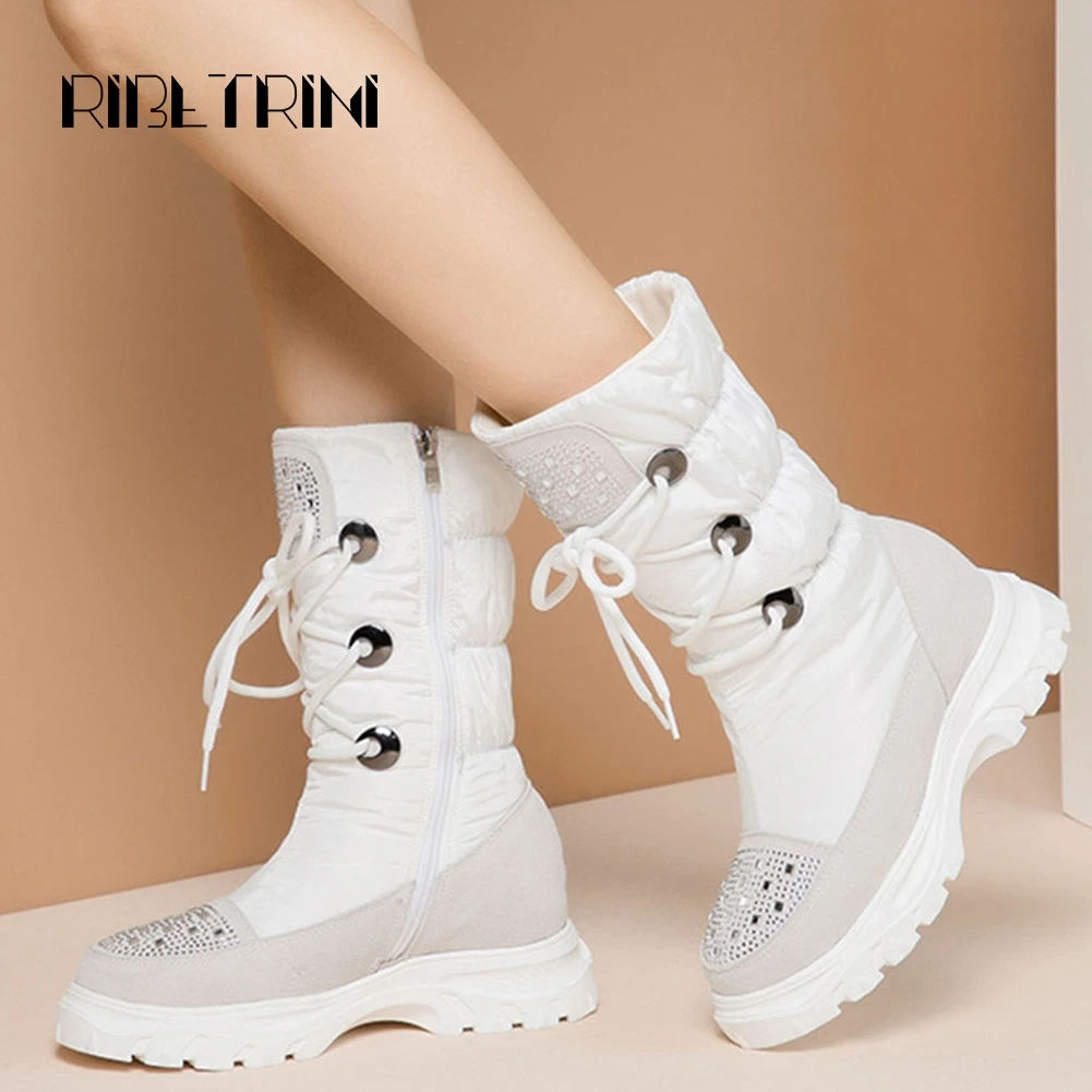 

RIBETRINI Fashion Women Mid Calf Snow Boots 2019 Velvet Rhinestone Suede Shoes Woman Flat Platform Outdoor Boots Big Size 34-41