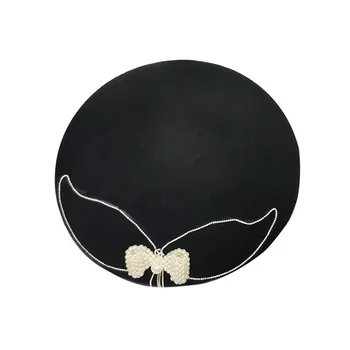 

European Pearl Bow Women Fedoras Pure Wool Felt Beret Cap Elegant Ladies Autumn Winter Pillbox Vintage Painter Cap Pink Blue New