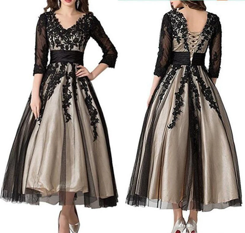 

Plus Size New 3/4 Sleeve Black Lace Mother of the Bride Dress Ankle Length V Neck Wedding Party Gown Robe De Soirée De Mariage