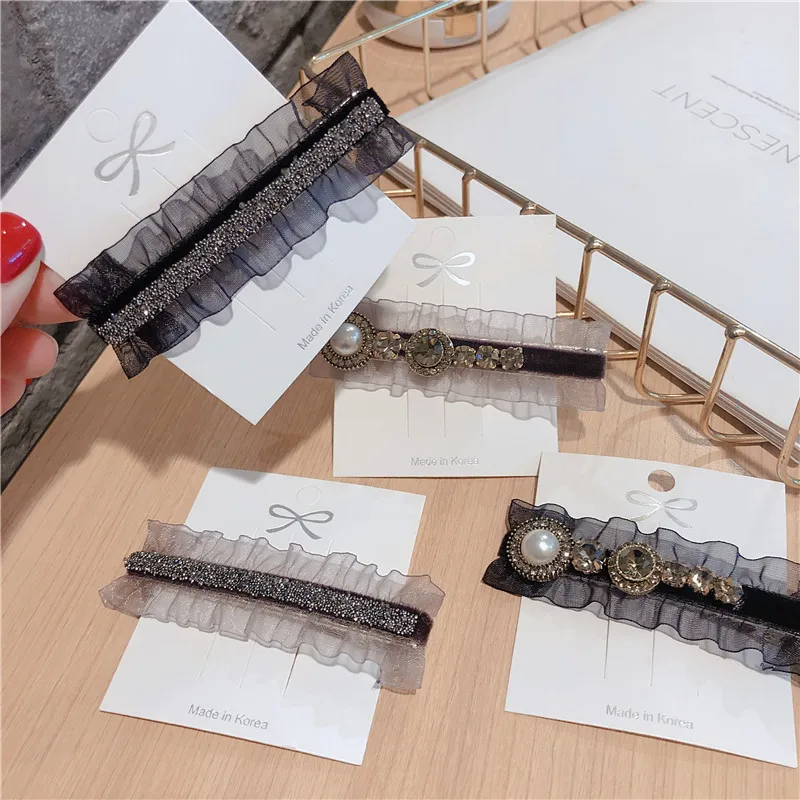 

High Quality Lace Square Hair Clip Ladies Side Clip Bangs Clip Student Hair Accessories Rhinestones Pearl Black Bling Hairpins